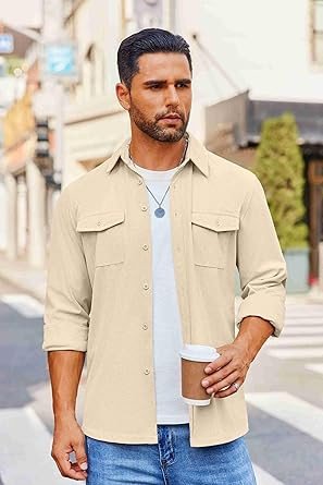 COOFANDY Men's Button Down Waffle Shirt Jacket Casual Long Sleeve Shacket Lightweight Overshirts with Flap Pockets