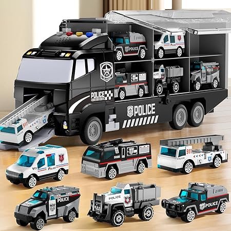 NIPLOOOW Toddler Boys Toys for 3 4 5 6 Years Old, Police Truck Vehicle Toy Set with Play Mat and Die-Cast Toy Car, Transport Carrier Truck for Kids, Birthday Gifts Toys for 3 4 5 6 7 8+ Year Old Boys