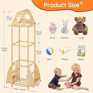 HOOBRO Stuffed Animal Storage, Bamboo Stuffed Animal Organizer with Elastic Cords and Side Bookshelf, Stuffed Animal Holder for Kids' Room, Playroom, Bedroom, Living Room, Nursery, Natural YL67CW01