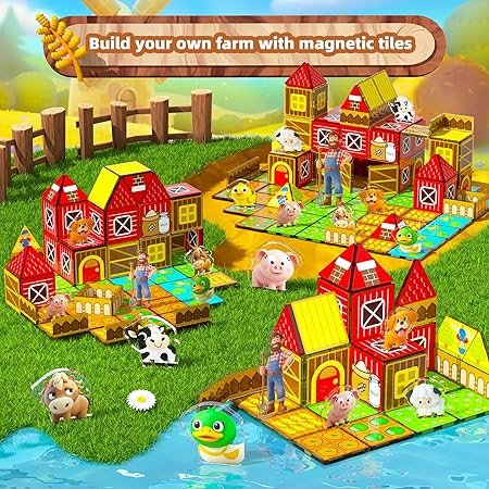 GobiDex Magnetic Tiles with Farm Animals Building Blocks, STEM Sensory Toys for Indoor, Outdoor, and Travel Play, Educational Magnet Toy Gift for Preschool Kids Ages 3-5, 4-8