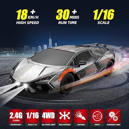 RC Drift Car, Drifting RC Car 2.4GHz 1:16 4WD High Speed Remote Control Cars Vehicle with LED Lights Two Batteries and Drifting Tires Racing Sport Toy Cars for Adults Boys Girls Kids Sliver