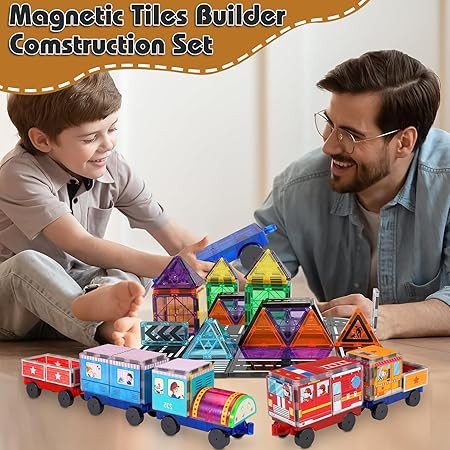 Magnetic Tiles Cars Construction Set for Kids, 30PCS Magnetic Building Tiles with 3 Car Bases & Crane, Train and Truck Magnet Blocks STEM Toys for Boys Girls Ages 3-8