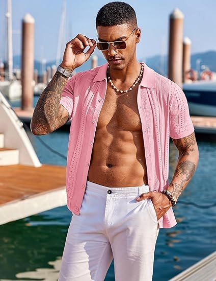 COOFANDY Men's Knit Shirts Short Sleeve Button Down Polo Shirt Fashion Casual Summer Beach Shirts