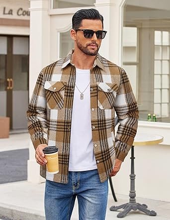 COOFANDY Men's Flannel Shirt Jackets Quilted Lined Plaid Jacket Long Sleeve Button Down Thick Winter Outwear Shackets