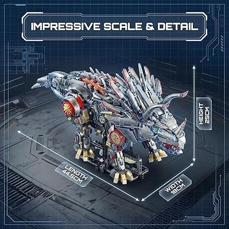 Mechanical Triceratops Building Set with LED Lights, Engine & Generator, Remote Control Drive, Display Stand, Movable Gears, Large Scale RC Dinosaur Model for Home Office Decor, 1100+PCS