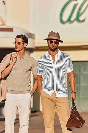 COOFANDY Mens Knit Button Down Shirts Short Sleeve Polo Shirt Vintage Striped Casual Shirts