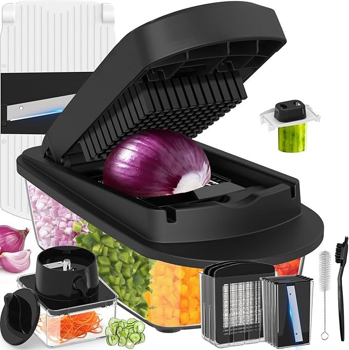 12 Blade All-in-1 Vegetable Chopper Mandoline Slicer with Container, Spiralizer with Containers, Food Chopper, Onion Chopper, Veggie Cutter for Salad, Kitchen Gadgets Accessories Essentials, Black