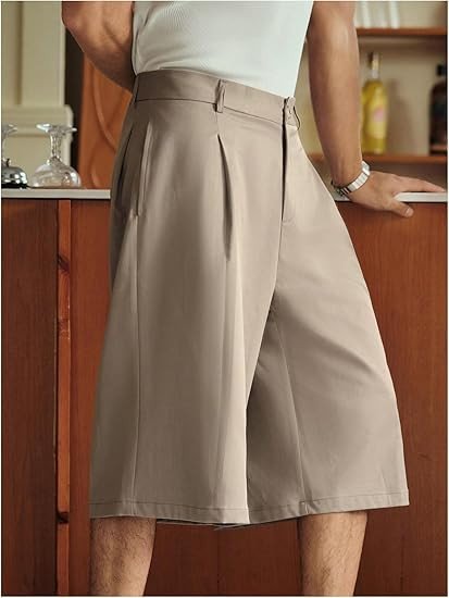 OYOANGLE Men's Pleat Front Baggy Shorts Zipper Fly Wide Leg Dress Shorts with Pockets