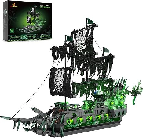JMBricklayer Pirate Ship Building Toys with Lights, Ghost Ship Flying Dutchman Model Ship Boat 40001, Toy Building Sets for Adults, Easter Decor Christmas Birthday (1100 PCS)