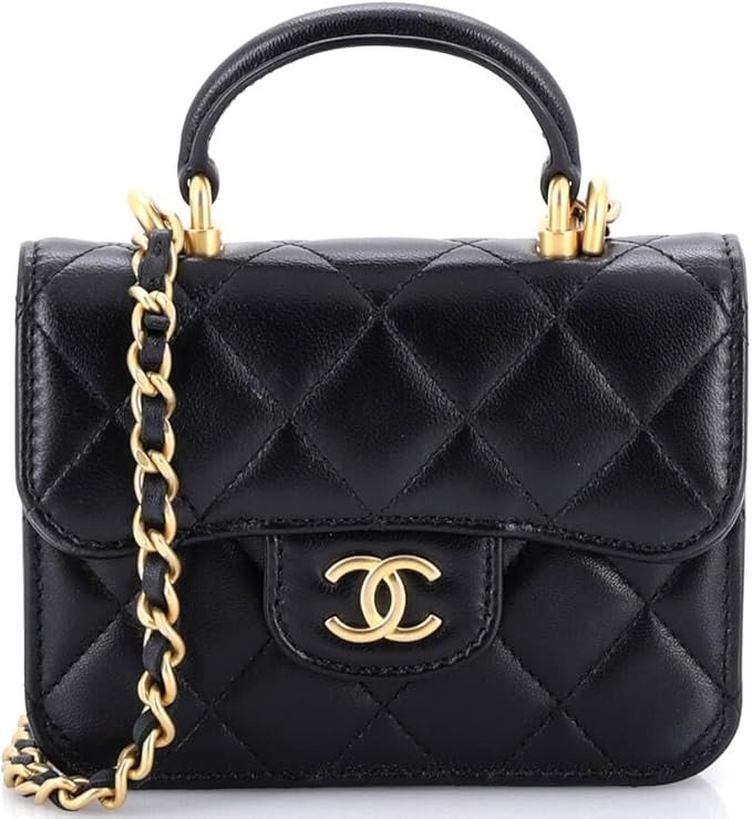 Pre-Loved Top Handle Flap Coin Purse with Chain Quilted Lambskin, Black