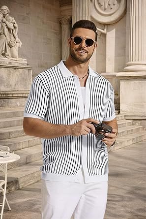 COOFANDY Mens Knit Button Down Shirts Short Sleeve Polo Shirt Vintage Striped Casual Shirts