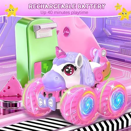 Remote Control Car for Girls, Unicorn Toys for Girls Age 3+, 360° Rotating 4WD 2.4 GHz RC Stunt Cars with Light and Music, Unicorn Birthday Gifts Presents for 3 4-6 6-8