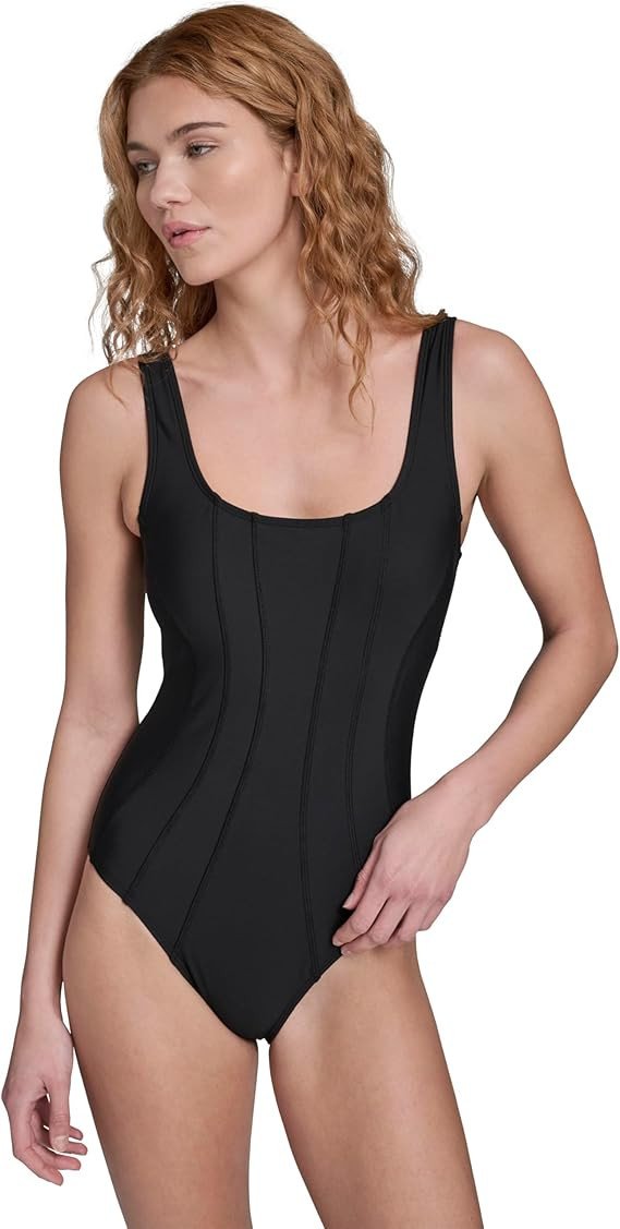 Calvin Klein Women's Square Neck Seam Detailed Powermesh One Piece Swimsuit with Removeable Cups