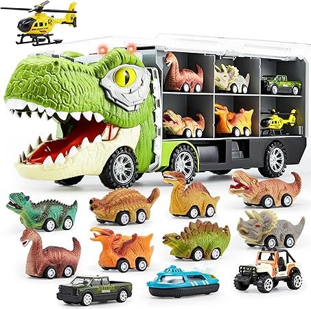 JOYIN 13 in 1 Dinosaur Toys for Kids 3-5, Transport Dinosaur Carrier Truck with 12 Pull Back Cars, Toddler Toys 3-4， Birthday Gifts for 3 4 5+ Year Old Boys