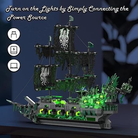 JMBricklayer Pirate Ship Building Toys with Lights, Ghost Ship Flying Dutchman Model Ship Boat 40001, Toy Building Sets for Adults, Easter Decor Christmas Birthday (1100 PCS)