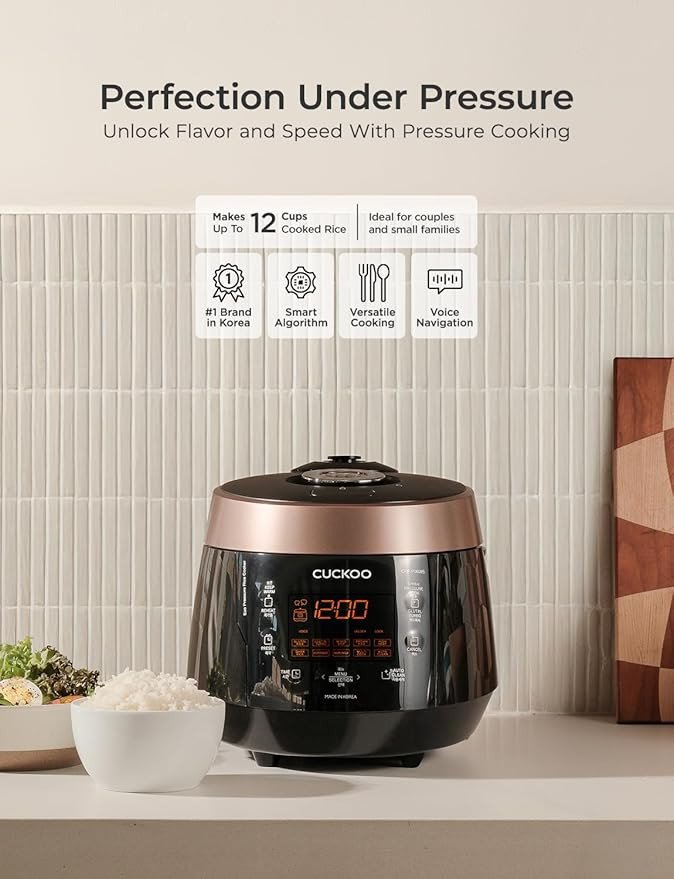 CUCKOO High Pressure Rice Cooker 6-Cup Uncooked / 12-Cup Cooked with Nonstick Inner Pot, Versatile Rice Maker with 12 Menu Options and Steam Plate, Fuzzy Logic Tech, Voice Guide, Black (CRP-P0609S)
